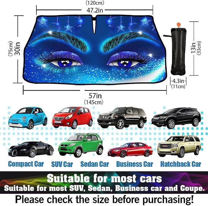 Hello Girl Gorgeous Eyelash Car Windshield Sun Shade Umbrella Sunshade Block UV Rays Sun Visor Protector Auto Windshield Sunshade to Keep Vehicle Cool for Cars Trucks & Suvs 57 X 30 in - Image 3