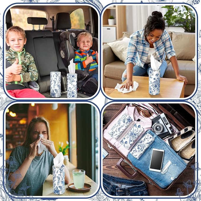 Zonon 16 Pcs Vintage Floral Round Tissues Box Car Holder with Facial Tissue Bulk Blue Flower Travel Tubes for Car with 50 Sheets Christmas Cylinder Face Towel Fit for Cup Holder Round Container - Image 4