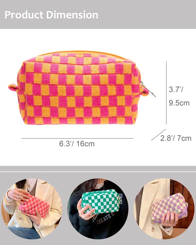 Checkered Makeup Bag for Purse, Small Travel Cosmetic Pouch,Red Orange | Cute Zipper Makeup Organizer for Women, Travel Essentials, Toiletries, Makeup Brushes, Beauty Accessories&Bridesmaid Gifts - Image 4