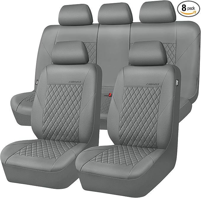 CAR PASS Quilting Faux Leather Seat Covers Full Set, Waterproof Deluxe PU Premium Auto Seat Cover, Breathable Seat Covers Universal Fit for Most Sedan SUV Van Small Truck, Airbag Compatible All Gray by CARPASS