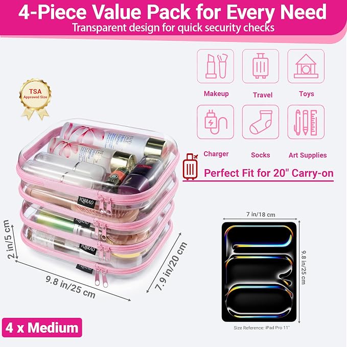 YQBRAO Clear Hard Shell Zipper Cases, 4 Medium Makeup Organizers, Pink | Rigid 1.2 mm PET and YKK dual zippers for skincare, toiletries, chargers, notebooks and daily essentials - Image 4