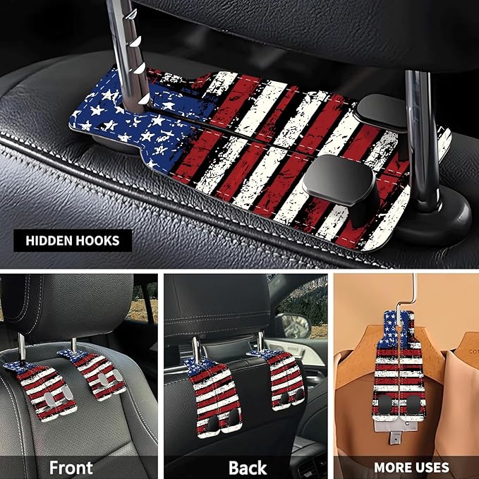Car Seat Headrest Hook, Universal Leather Cute Hanger Holder Hook, Storage Organizer Interior Accessories for Purse Bags Handbag Vintage American Flag - Image 3