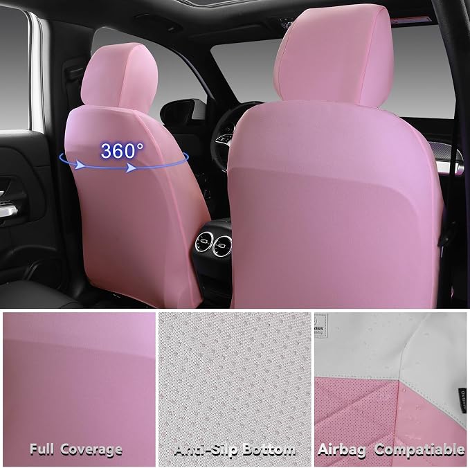 CAR PASS Memory Foam Leather Seat Covers Full Set, Breathable Luxury Perforated Nappa Leather Seat Covers Universal Fit for Car,SUV,Truck Seat Covers Thick 3D Foam Comfort,Airbag Compatible Pink White - Image 3