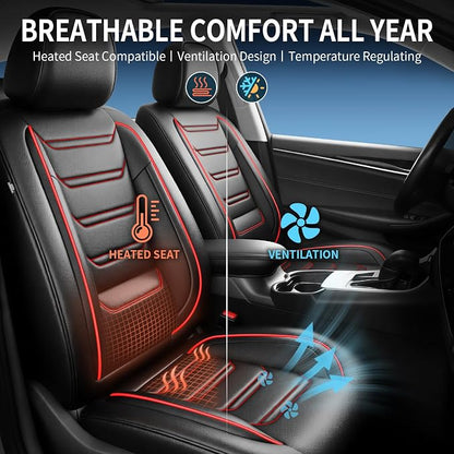 Fit Palisade Car Seat Covers for Select Hyundai Palisade 2000-2026 - Premium Full Coverage Leather, Airbag Compatible, Waterproof All Weather Seat Cushion Protector, 5 Seats, Black & Red Trim - Image 5