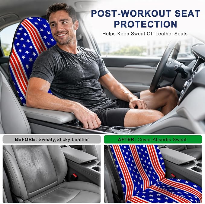 Car Seat Towel Cover 2 Pack for Front Seats, Sweat Absorbent Car Seat Protector with Non-Slip Backing, Waterproof Towel Car Seat Covers for Runners, Gym, Swimming, Beach, American Flag Stripe - Image 4