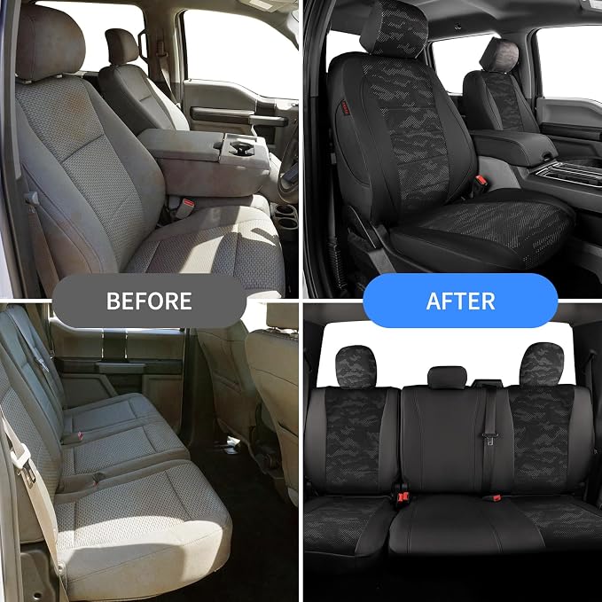 EKR F150 Seat Covers Custom Fit for (2 Door,SuperCab/Extended Cab) 2015-2020 Ford F150 XL/XLT/Lariat & 2017-2022 F250/F350 SuperDuty XL/XLT/Lariat Full Set-Faux Leather(Black/Gray Camo A122) - Image 6