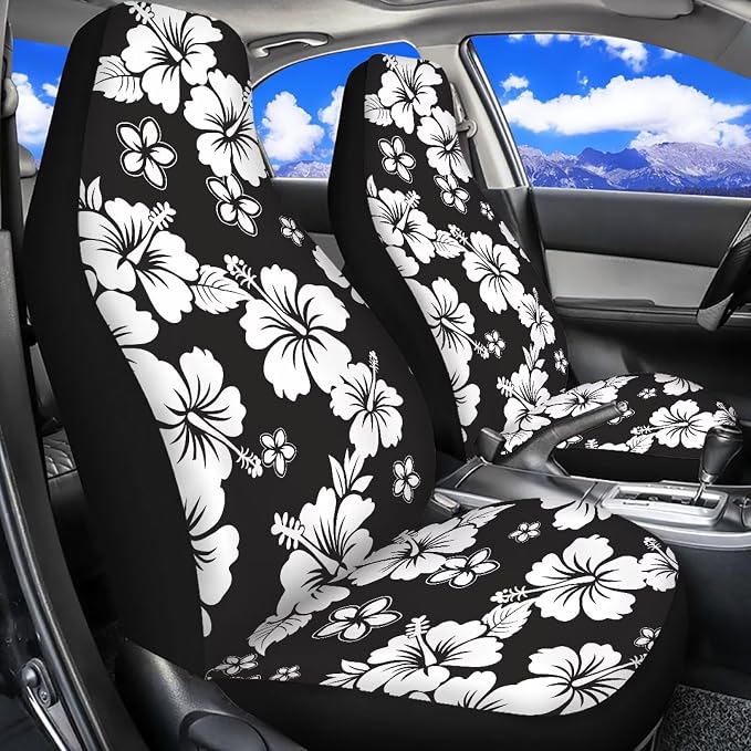 Hawaiian Florals Front Car Seat Cover for Women 2 Pcs Hibiscus Car Seat Covers Removable Automotive Accessories for Most Cars SUVs and Sedans - Image 2