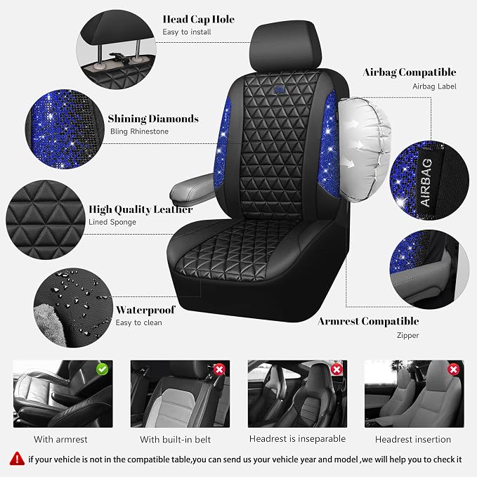 CAR PASS Bling Diamond Black Leather Car Seat Covers for 2 Front Interior Sets, Waterproof Shining Glitter Sparkly Crystal Universal Armrest Fit Automotive Truck SUV Cute Women Girl, Blue Rhinestone - Image 3