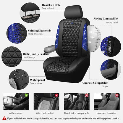 CAR PASS Bling Diamond Black Leather Car Seat Covers for 2 Front Interior Sets, Waterproof Shining Glitter Sparkly Crystal Universal Armrest Fit Automotive Truck SUV Cute Women Girl, Blue Rhinestone - Image 3