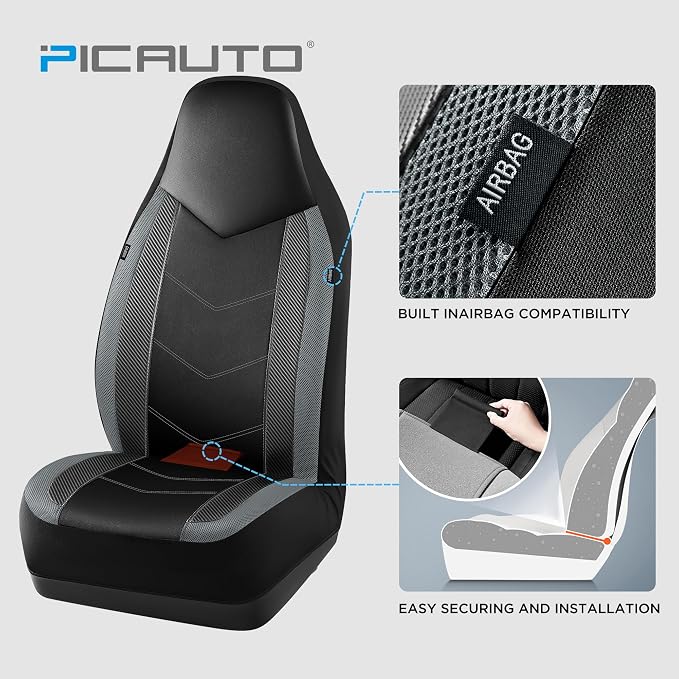PIC AUTO Leather Car Seat Covers, Sports Carbon Fiber & Mesh Design, High-Back Full Set, Waterproof Automotive Seat Covers, Airbag Compatible, Universal Fit for Cars, SUVs, Trucks (Black & Gray) - Image 3