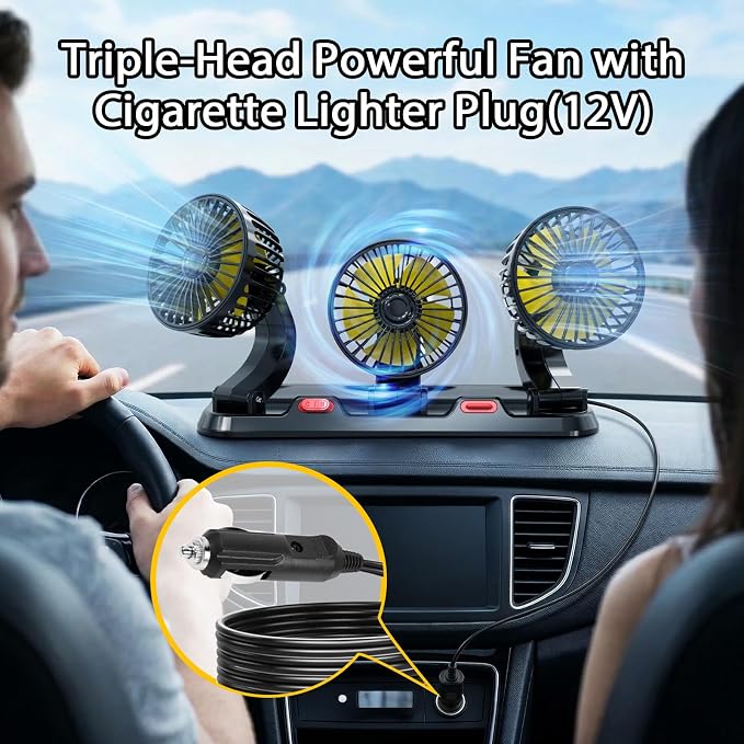 Portable 3-Head Car Cooling Fan, Fans for Vehicles Cars Dashboard | Cigarette Lighter Plug, No Battery - Image 2