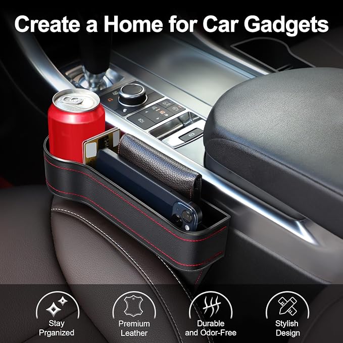 Car Seat Gap Filler Organizer, 2 Pack Car Console Organizer with Cup Holder | Premium Leather, Anti-Drop, Car Organizer Front Seat with 2 Seat Hooks, Auto Console Side Storage Box For Drink, Phones, Keys - Image 2