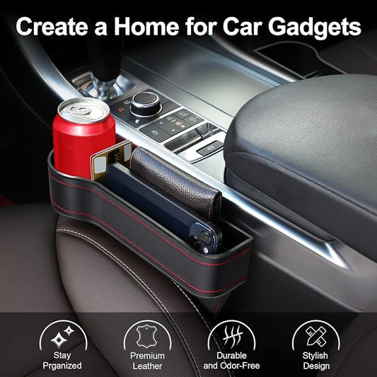 Car Seat Gap Filler Organizer, 2 Pack Car Console Organizer with Cup Holder | Premium Leather, Anti-Drop, Car Organizer Front Seat with 2 Seat Hooks, Auto Console Side Storage Box For Drink, Phones, Keys - Image 2
