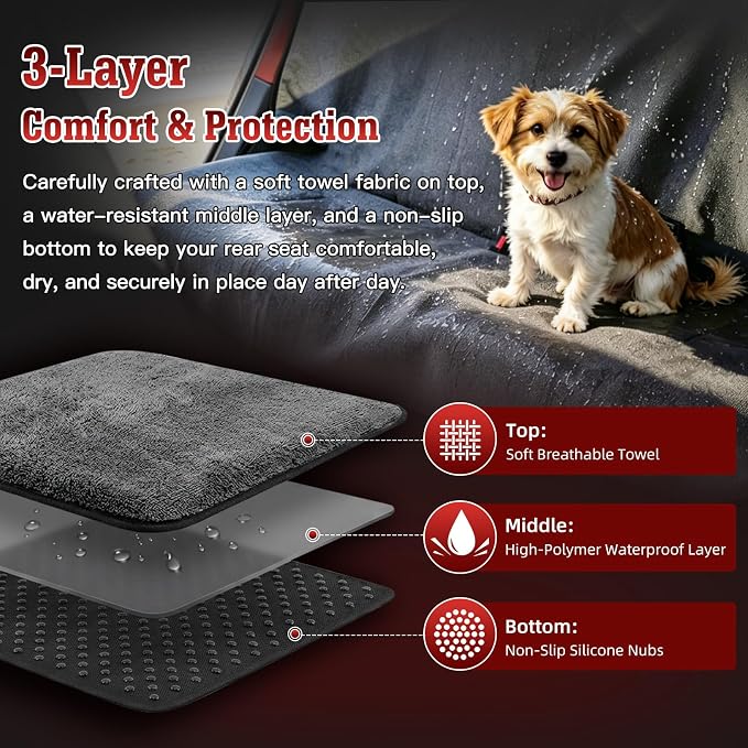 Car Seat Cover Towel, Waterproof Sweat Absorbent Back Seat Protector for Sedans SUVs & Minivans, Non-Slip Machine Washable Rear Bench Cover for Post-Gym, Beach, Pets & Kids (Gray) - Image 3