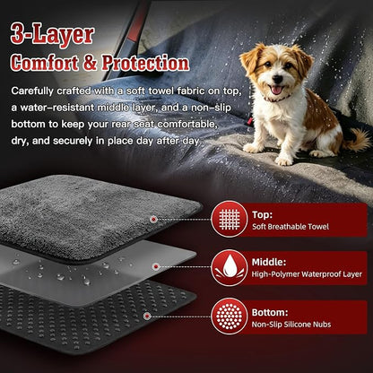 Car Seat Cover Towel, Waterproof Sweat Absorbent Back Seat Protector for Sedans SUVs & Minivans, Non-Slip Machine Washable Rear Bench Cover for Post-Gym, Beach, Pets & Kids (Gray) - Image 3