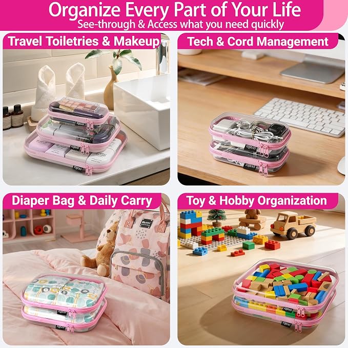 YQBRAO Clear Hard Shell Zipper Cases, 4 Medium Makeup Organizers, Pink | Rigid 1.2 mm PET and YKK dual zippers for skincare, toiletries, chargers, notebooks and daily essentials - Image 3