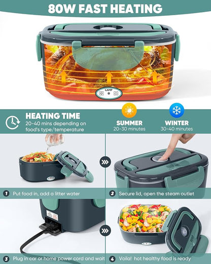 Eocolz Electric Lunch Box Food Heater, Food Warmer 1.5L Portable Heated Lunch Box for Car Truck Work Stainless Steel Fork & Spoon 12/24/110V for Adults Lonchera Eléctrica (gray-blue) - Image 3