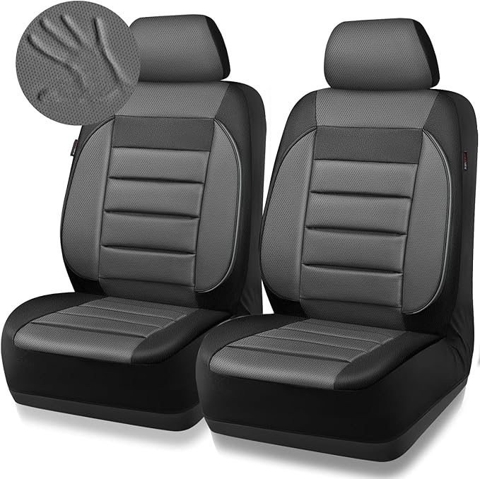 CAR PASS Car Seat Covers Front Seats Only, Universal Fit Automotive Interior Waterproof 3D Foam Back Support Car Seat Covers for Trucks Vans and SUVs Airbag compatible 2 Pieces black gray grey - Image 2