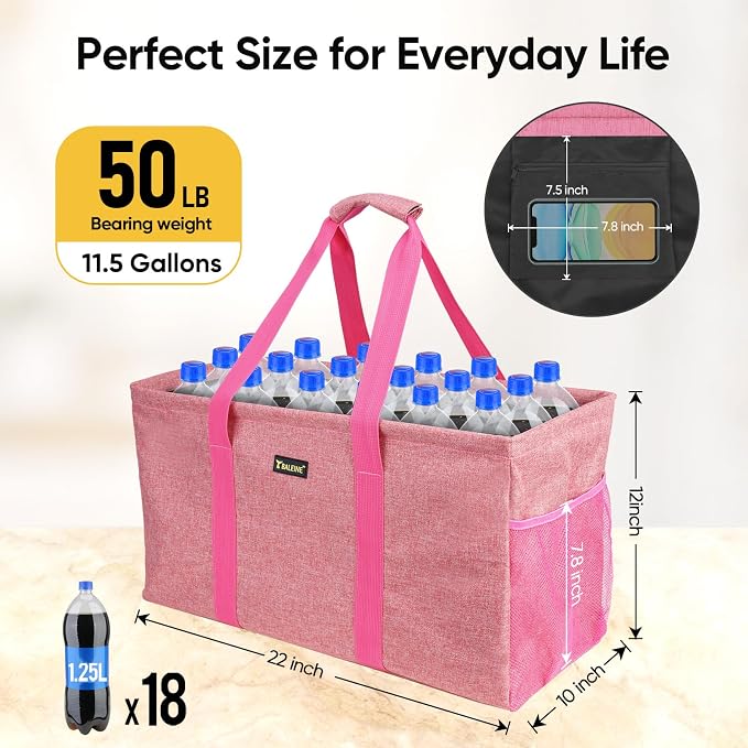 BALEINE Extra Large Utility Tote Bag with Wire Frame for Storage (Pink, 22''x12''x10'') - Image 6
