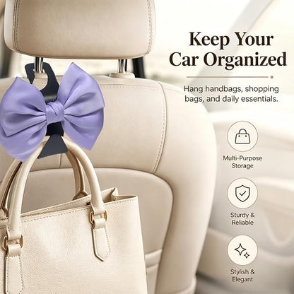 2-Pack Cute Bow Car Purse Hooks, Headrest Hangers, Light purple | Cute bow hooks keep purses and bags organized within reach while saving space; fits most car headrests - Image 2