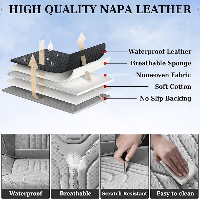 Coverado Car Seat Covers Full Set, Automotive Seat Covers Car Seat Protector Car Seat Cushion, Waterproof Leather Seat Covers for Cars, Universal Fit for Most Sedans SUV Pick-up Truck((Grey) - Image 9