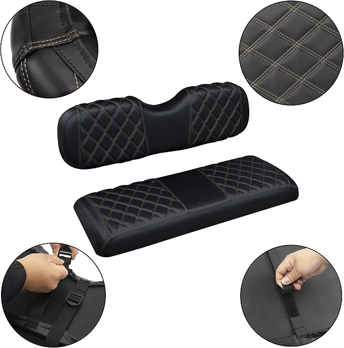 NOKINS Golf Cart Seat Covers Fit Aftermarket Standard Rear Seat Cushion | Fit for Club Car Precedent/DS/EZGO RXV/TXT/Yamaha Drive, No Stapler, Multiple Colors&Breathable (Black&Brown Stitch) - Image 5