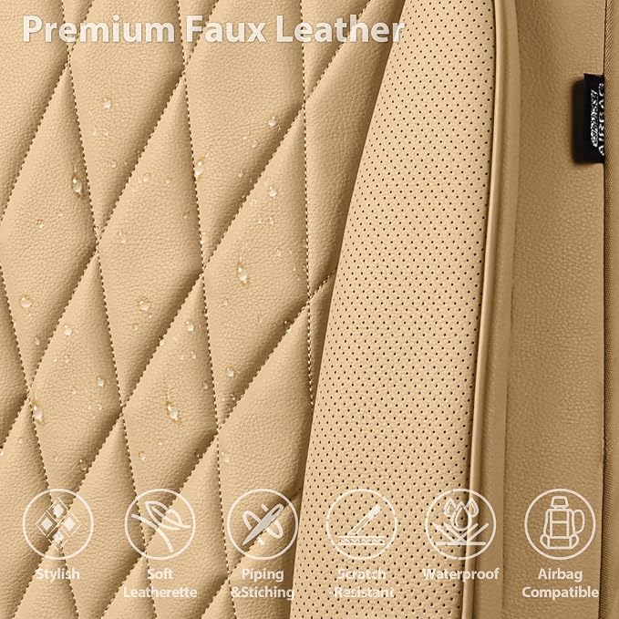 CAR PASS Piping Luxury PU Leather Two Front Car Seat Covers, Waterproof Anti Slip Seat Covers Compatible with Front Seat Armrests,Universal Fit for Suvs,Vans,Trucks,Airbag Compatible(All Beige) - Image 4