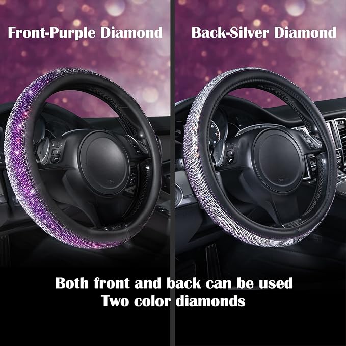 CAR PASS Bling Diamond Leather Steering Wheel Cover, Bling Sparkly Crystal Glitter Rhinestones Universal Fit 14" 1/2-15" Car Wheel Protector for Women Girl Fit Suvs,Vans,Sedans,Trucks, Purple Silver - Image 6