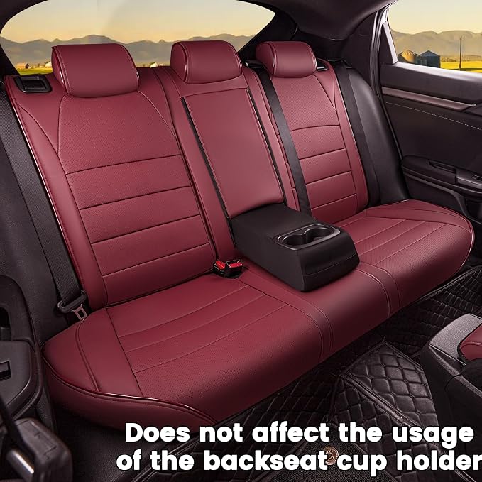 HKZ Custom Fit Civic Seat Covers for Honda Civic Sedan 2016 2017 2018 2019 2020 2021 EX,EX-L,EX-T,Touring,LX-P,Sport - 5-Seats Leather Full Set,Wine Red - Image 4