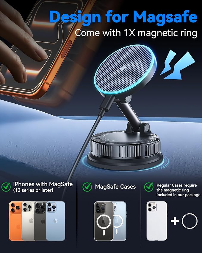 15W MagSafe Car Mount Charger, Magnetic Wireless Car Charger with Vacuum Suction Cup & Nano Adhesive Base, 360° Rotatable Strong Hold Car Phone Mount for iPhone 17 16 15 14 13 12 Series, Samsung S26 - Image 5