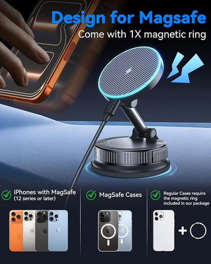 15W MagSafe Car Mount Charger, Magnetic Wireless Car Charger with Vacuum Suction Cup & Nano Adhesive Base, 360° Rotatable Strong Hold Car Phone Mount for iPhone 17 16 15 14 13 12 Series, Samsung S26 - Image 5