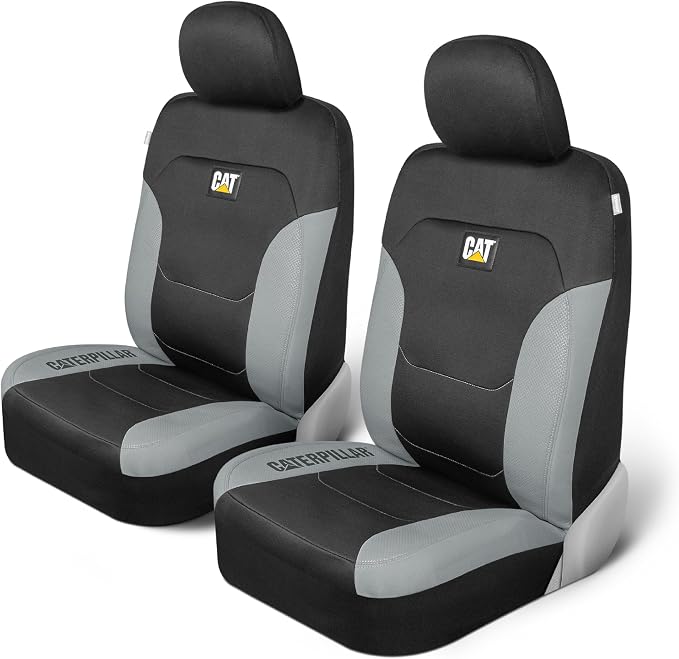 Caterpillar Flexfit Automotive Seat Covers for Cars Trucks and SUVs (Set of 2) – Black Seat Covers for Front Seats, Seat Protectors with Gray Honeycomb Trim, Auto Interior Covers by Unknown