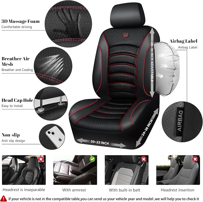 CAR PASS Comfortable 3D Foam Mesh Leather Car Seat Covers Front, Air Cool Mesh Breathable Front Seat Covers for Car, Universal Fit for SUV Truck Sedan Automotive, Airbag Compatible,Black Red - Image 4
