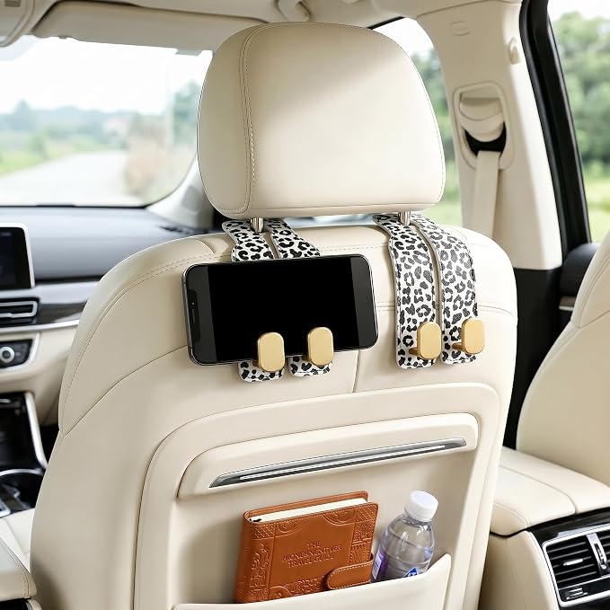 Car Hooks for Headrest: 2Pcs Car Headrest Hook with Leopard Leather | With Double Metal Hooks - Purse Hook For Car - Car Headrest Hooks - Car Bag Hooks for Purses, Handbags, Bags - White Leopard - Image 4