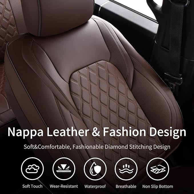 Huidasource Tacoma Coffee Front Seat Covers Fit for 4th Gen Toyota Tacoma 2024-2026 All Cab SR, SR5, Limited, TRD Sport/Off-Road,Trailhunter Front Row, 360° Full-wrap Waterproof Leather Seat Cover - Image 5
