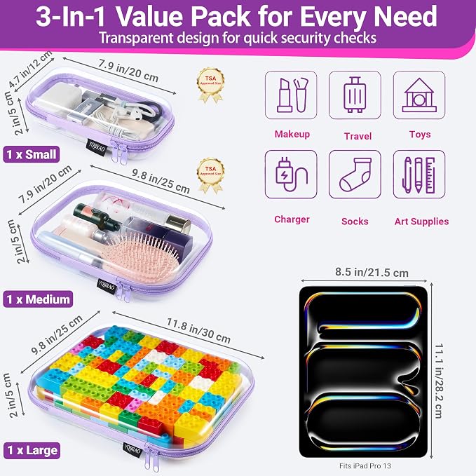 YQBRAO Clear Hard Shell Organizer Case Set, 3-Pack, Purple | Large, medium & small rigid PET organizers for crafts, travel, beauty and everyday storage - Image 4
