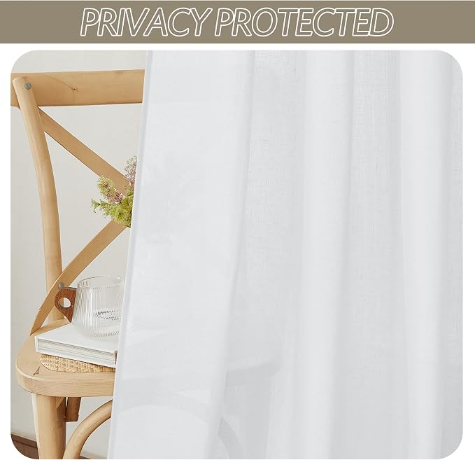 RYB HOME Linen Sheer Curtains 2 Panels for Living Room, Semi Transparent Privacy Drapes with Rod Pocket Farmhouse Style Window Treatments for Bedroom, White, 52" W x 102" L - Image 3