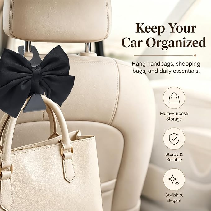 2-Pack Cute Bow Car Purse Hooks, Headrest Hangers, Black silk | Cute bow hooks keep purses and bags organized within reach while saving space; fits most car headrests - Image 2