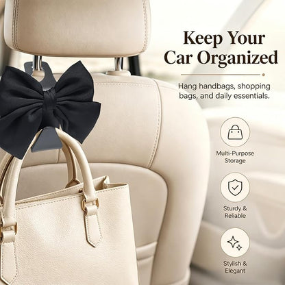 2-Pack Cute Bow Car Purse Hooks, Headrest Hangers, Black silk | Cute bow hooks keep purses and bags organized within reach while saving space; fits most car headrests - Image 2