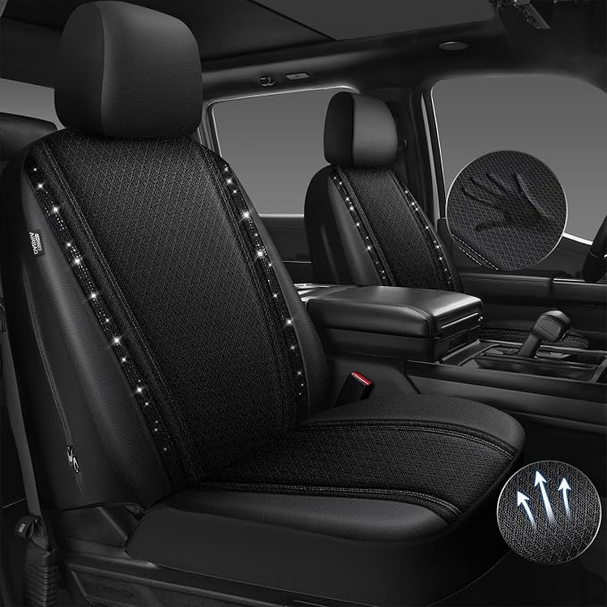 CAR PASS Memory Foam Mesh Bling Diamond Car Seat Cover 2 Front Seats Breathable Soft Sponge Universal Shining Glitter Sparkly Crystal Fit Armrest Automotive Truck SUV Cute Women Girl, Black Rhinestone - Image 5