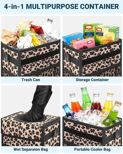 Capolo Car Trash Can with Lid, Leakproof Car Garbage Can Car Trash Bag | Waterproof, Trash Can for Car, 3 Mesh Pockets, Mini Hanging Vehicle Car Trash Bin, for Back/Front Seat (Leopard,2.5 Gal) - Image 5