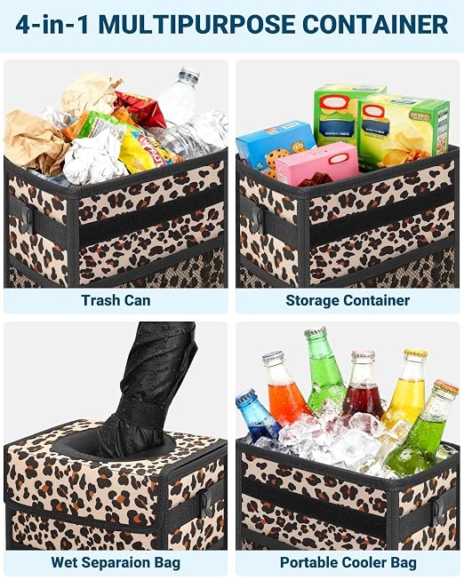 Capolo Car Trash Can with Lid, Leakproof Car Garbage Can Car Trash Bag | Waterproof, Trash Can for Car, 3 Mesh Pockets, Mini Hanging Vehicle Car Trash Bin, for Back/Front Seat (Leopard,3 Gal) - Image 5