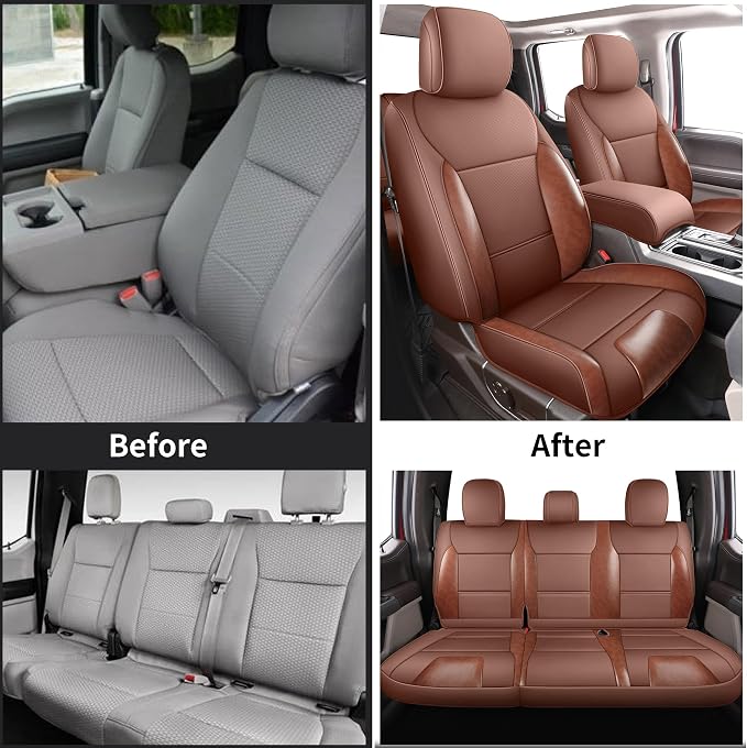 Red Rain for Ford F150 Seat Covers SuperCrew/CrewCab 2015-2025 XL XLT STX | Waterproof Leather Truck Seat Cover Full Set with Airbag Compatible Brown and Orange Auto Seat Protector (F150-Brown+Orange) - Image 6