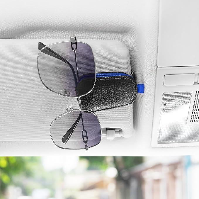 SINGARO Sunglasses Holder for Car, Leather Magnetic Buckle Sun Visor Sunglass Clip, Ticket Card Storage Glasses Clip, Car Interior Accessories for Men and Women（2PCS Black-Blue） - Image 3