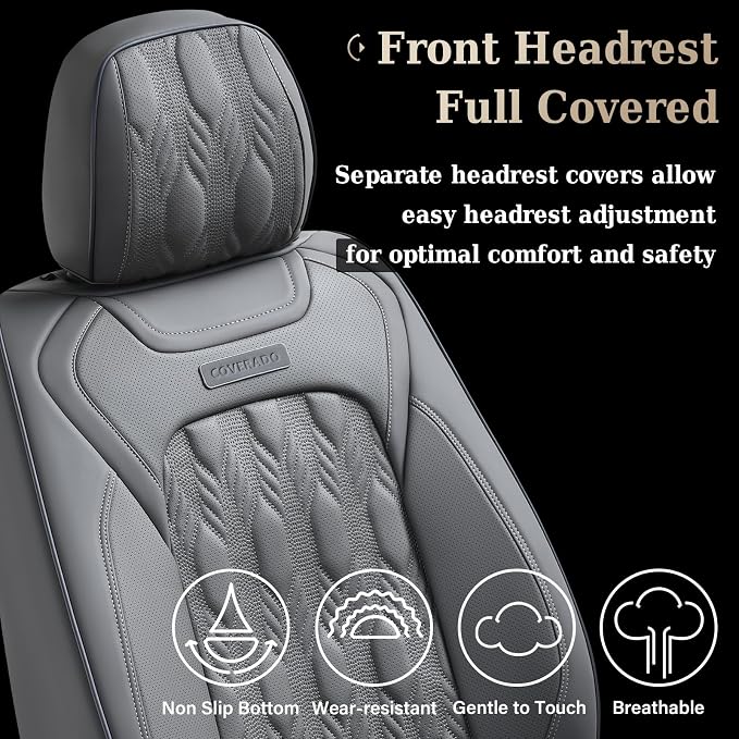 Coverado Car Seat Cover Full Set, Front and Back Seat Covers for Cars, 5 Seats Luxury Leather Seat Covers, Waterproof Car Seat Protectors, Gray Seat Covers, Driver Seat Cushions Fit for Most Vehicles - Image 7