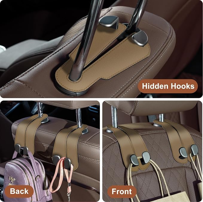 CoBak Purse Hook for Car - Universal Premium Stitched Leather and Aluminum-Magnesium Alloy Double Car Seat Back Storage Hook for Purses, Handbags, Bags (2 Pack),Khaki Beige - Image 4