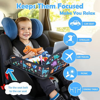 Kids Travel Tray for Carseat for Road Trip Activities, Dinosaur | Carseat Tray With 16.7" x 13.4" Smooth Dry Erase Board, Cup holders, Ddjustable Strap & Shoulder Carry Strap - Image 5