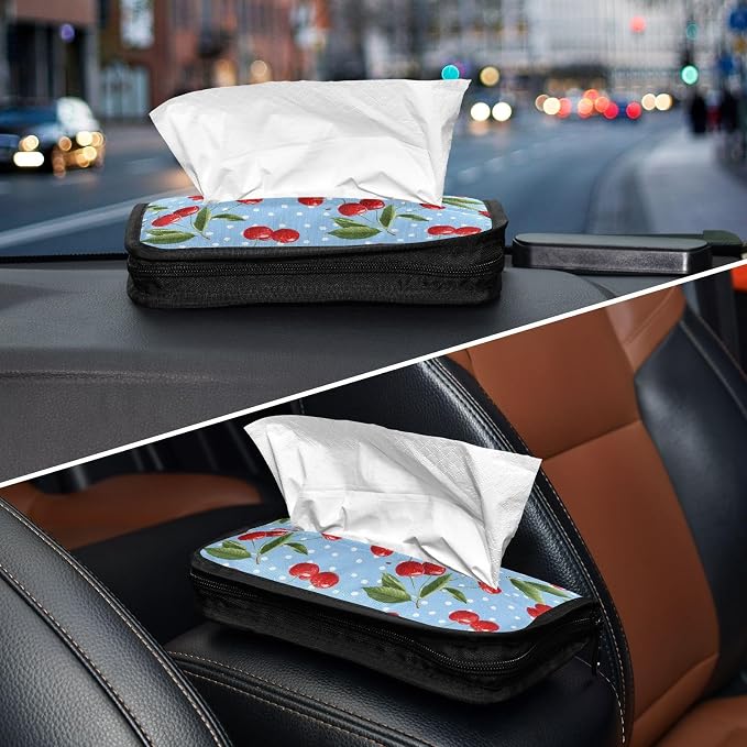 Car Tissue Holder Car Napkin Holder Car Tissue Box Dispenser Storage Case Sun Visor Mask Holder with Adjustable Straps Reusable Refillable Light Blue Dots Red Cherry - Image 8