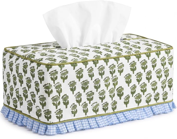Block Print Fabric Tissue Box Cover, Hydrangea, Olive Green | Rectangular Ruffle Sleeve, Decorative Holder for Bathroom Vanity Car, Napkin Dispenser Grand Millennial Boho Decor Home by Acellegic