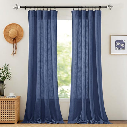 RYB HOME Curtains for Living Room - Linen Texture Sheer Farmhouse Country Curtains for Patio Sliding Glass Door French Door Bedroom Dining, Navy Blue, 52 x 95 inches, 2 Panels by RYBHOME